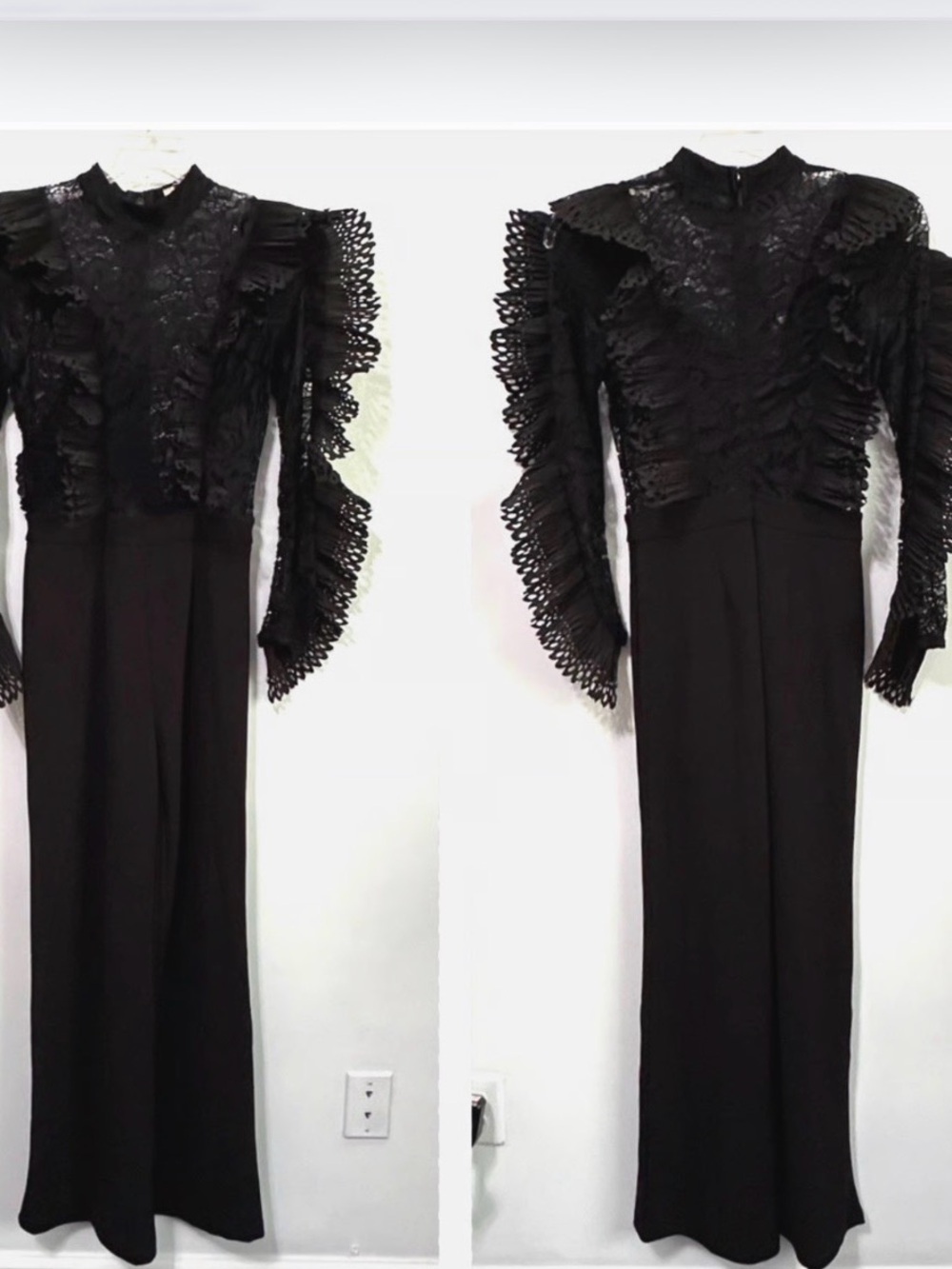 Black Lace-Detail Jumpsuit with Ruffled Sleeves L
